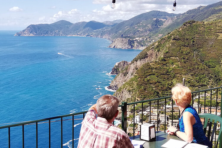 Cinque Terre coastline seen from the sea during a shore excursion from La Spezia